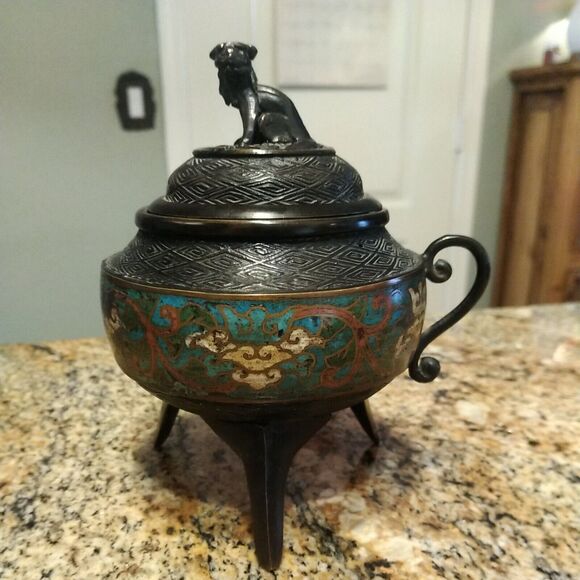 Antique Chinese Cloisonné Enamel Bronze Dynasty Handle Incense Burner Censer Foo - Picture 1 of 12